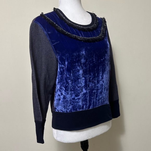 J Crew Black Label Blue Crush Velvet Beads Silver Tinsel Fringe Pullover Top S/M - Picture 2 of 15
